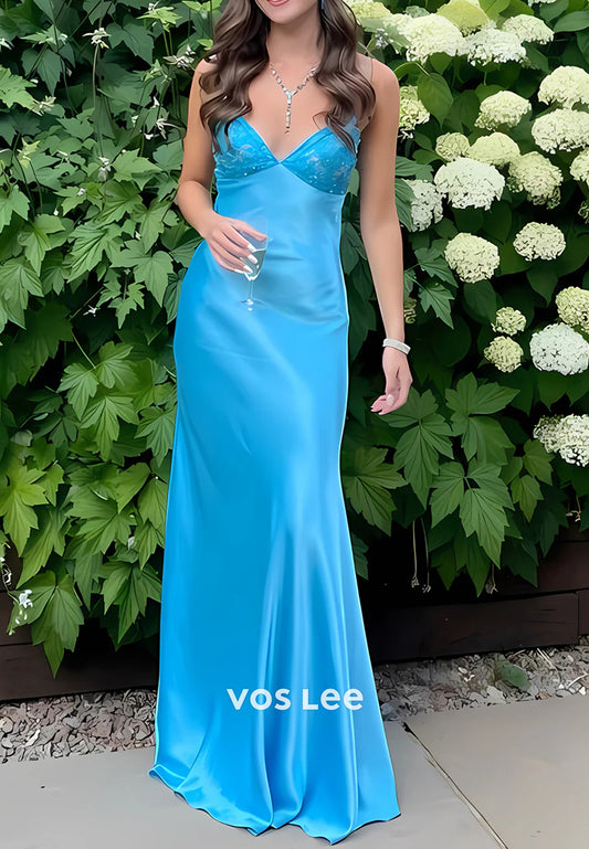 A-Line V Neck Spaghetti Straps Pleated Floor-Length Rhinestone Prom Dresses