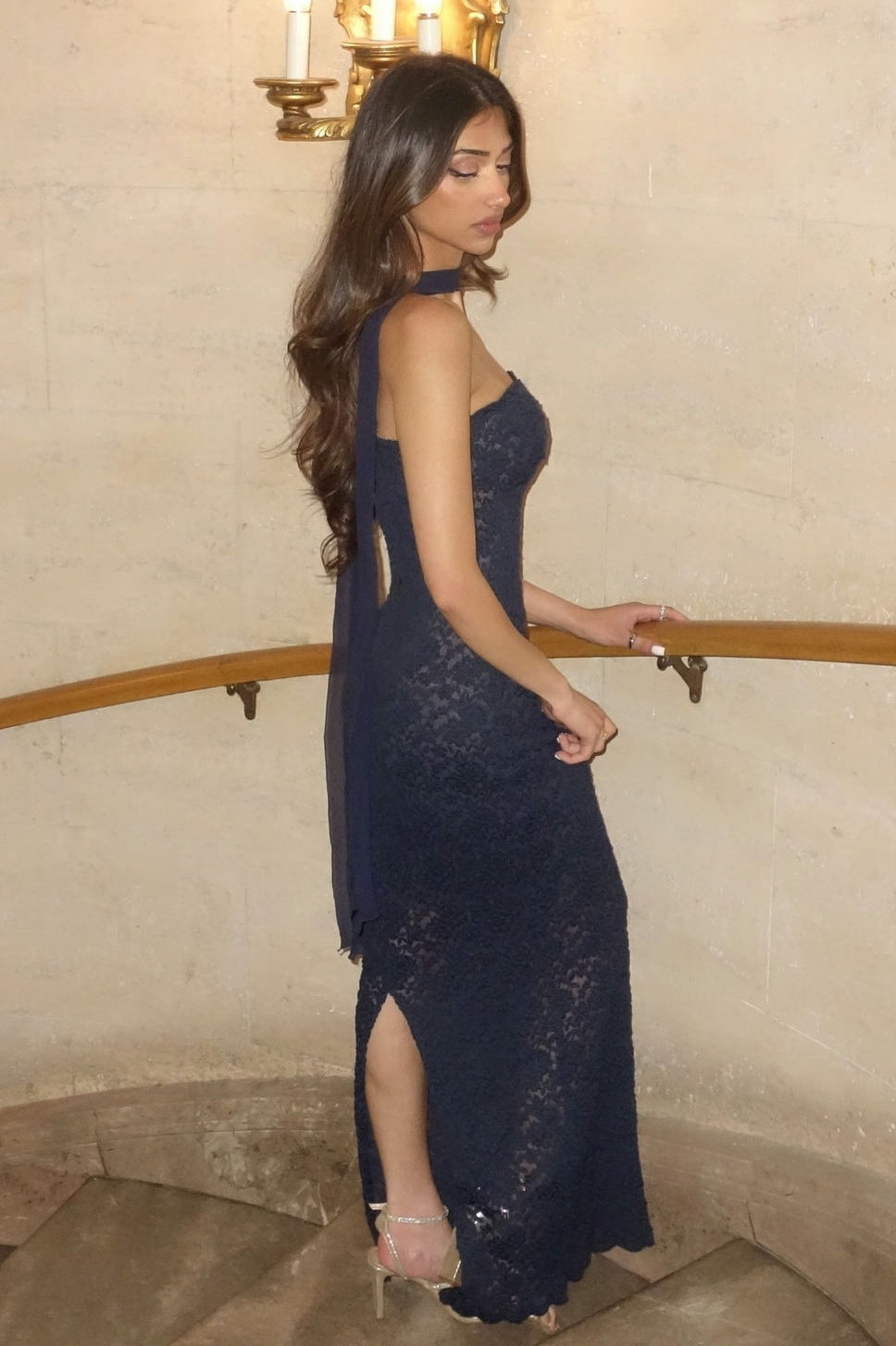 Chic Strapless Navy Blue Lace Sheath  Party Dress with Scarf Slit