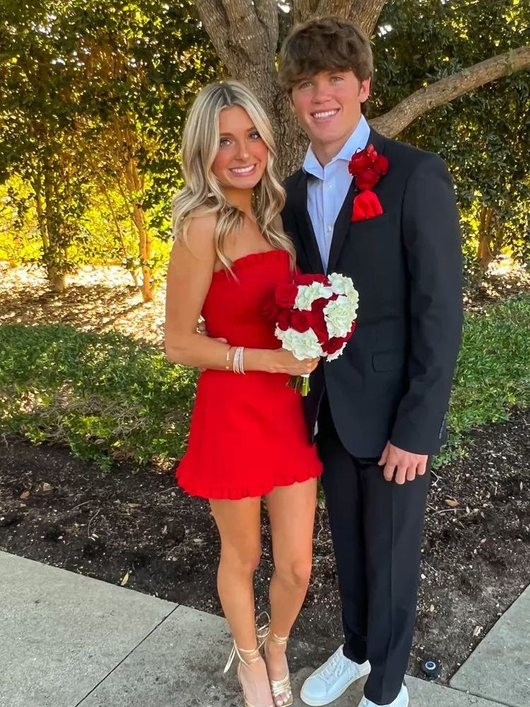 Stylish Sheath Strapless Red Satin Short Homecoming Dress with Ruffles