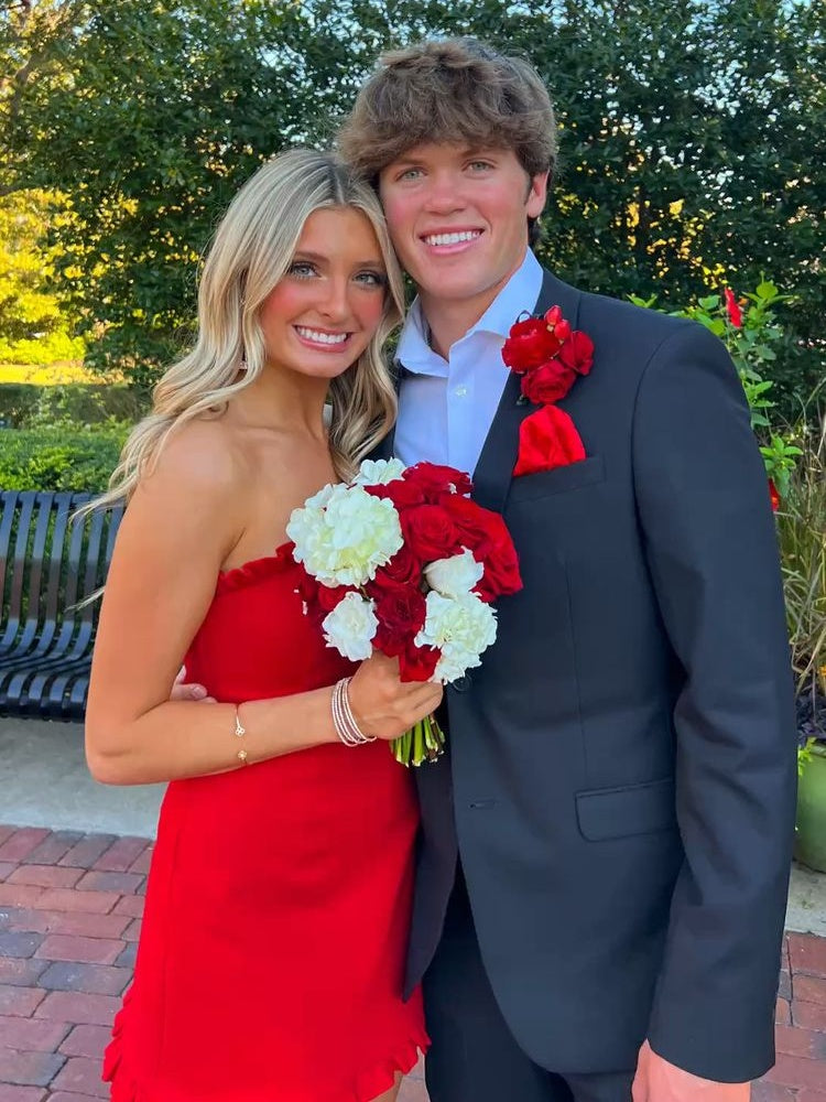 red strapless hoco dress Stylish Sheath Strapless Red Satin Short Homecoming Dress with Ruffles – VOS LEE