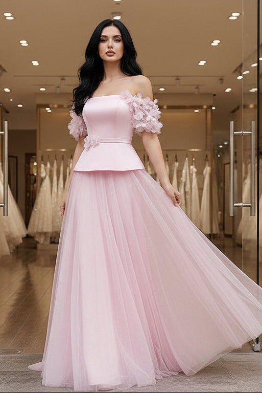 Sweet Light Pink Peplum Tulle Prom Dress with Floral Sleeves