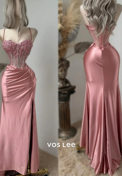 Sexy Spaghetti Straps  Sweetheart Floral  Pleated Mermaid Prom Dresses with High Split