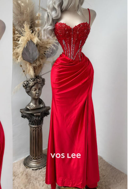 Sexy Spaghetti Straps  Sweetheart Floral  Pleated Mermaid Prom Dresses with High Split