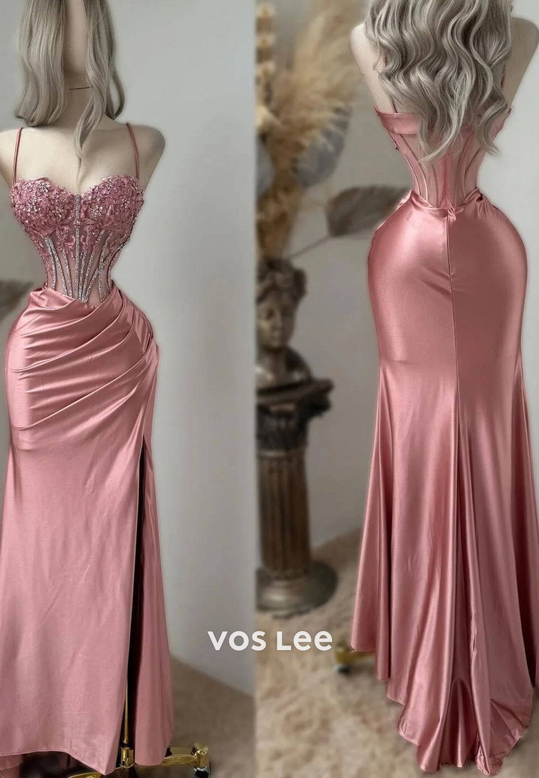 Sexy Spaghetti Straps  Sweetheart Floral  Pleated Mermaid Prom Dresses with High Split