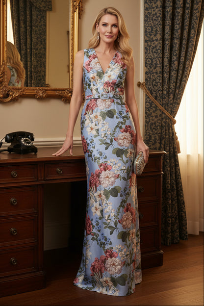 Light Blue Floral V-Neck Sleeveless Maxi Dress