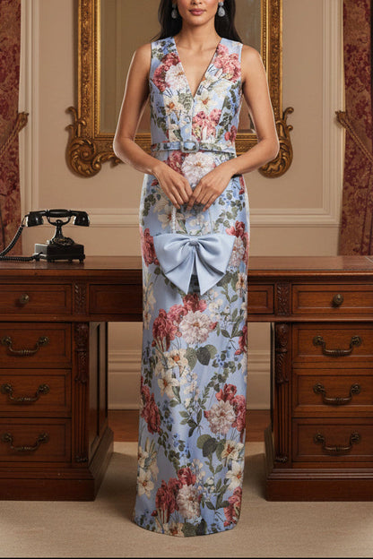 Light Blue Floral V-Neck Sleeveless Maxi Dress