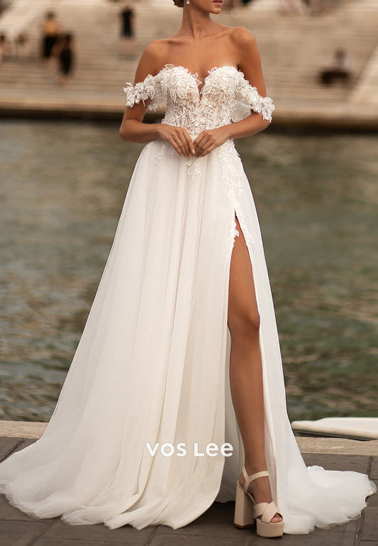 A-Line Off the Shoulder Sweetheart Split Appliques Lace Wedding Dresses with Court Train
