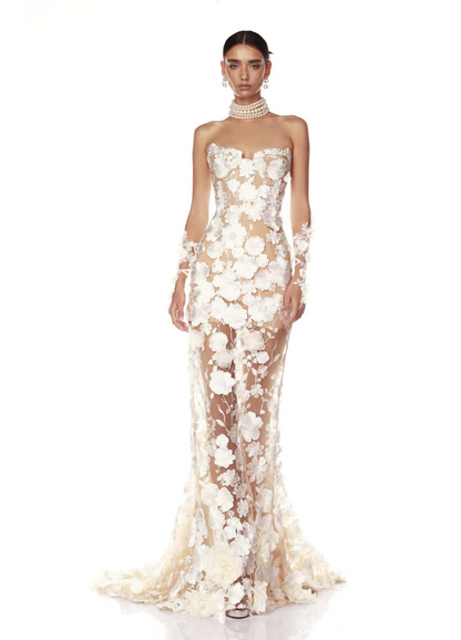 Champagne Lace Embroidered Mermaid Gown | Strapless Bridal Dress