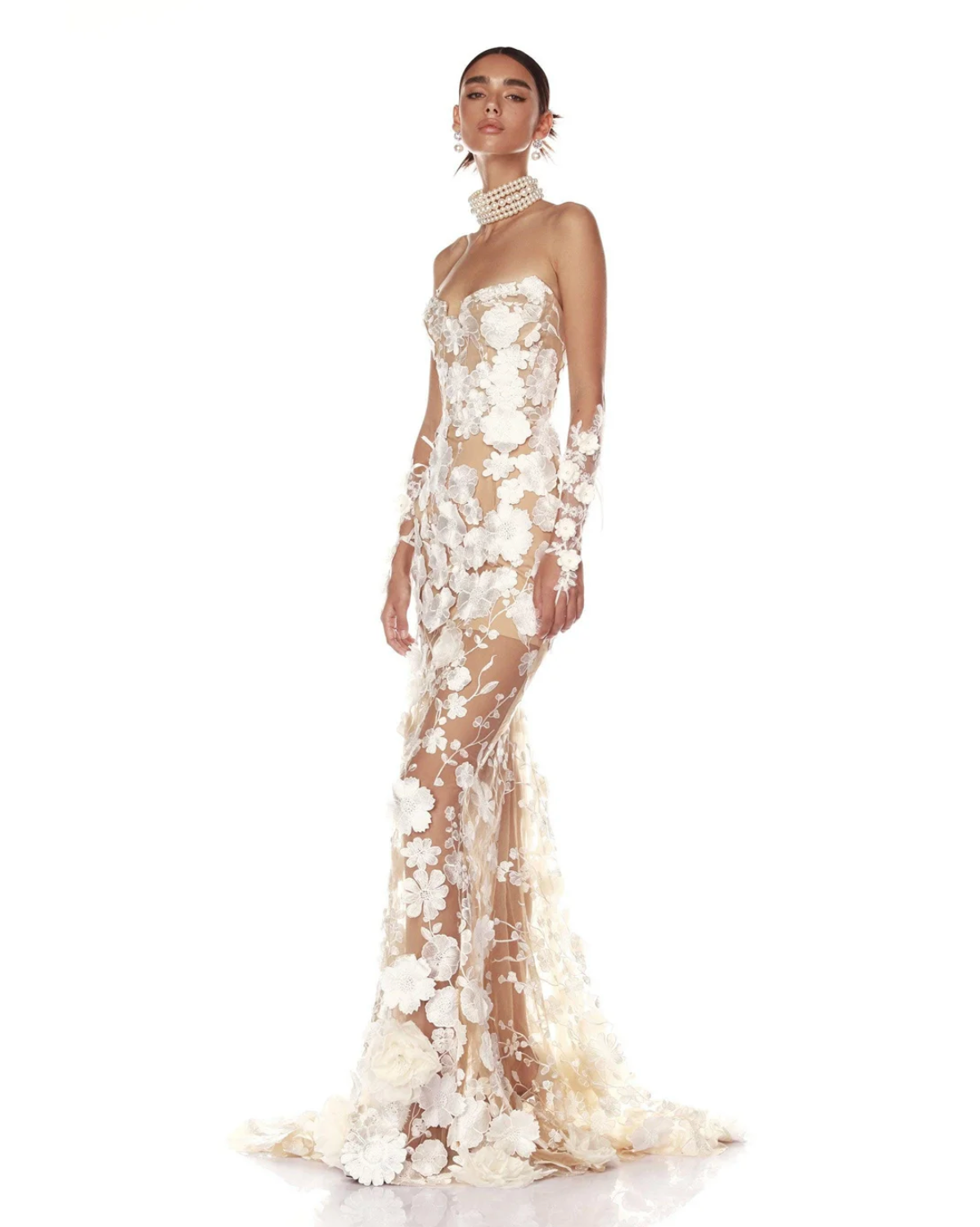 Champagne Lace Embroidered Mermaid Gown | Strapless Bridal Dress