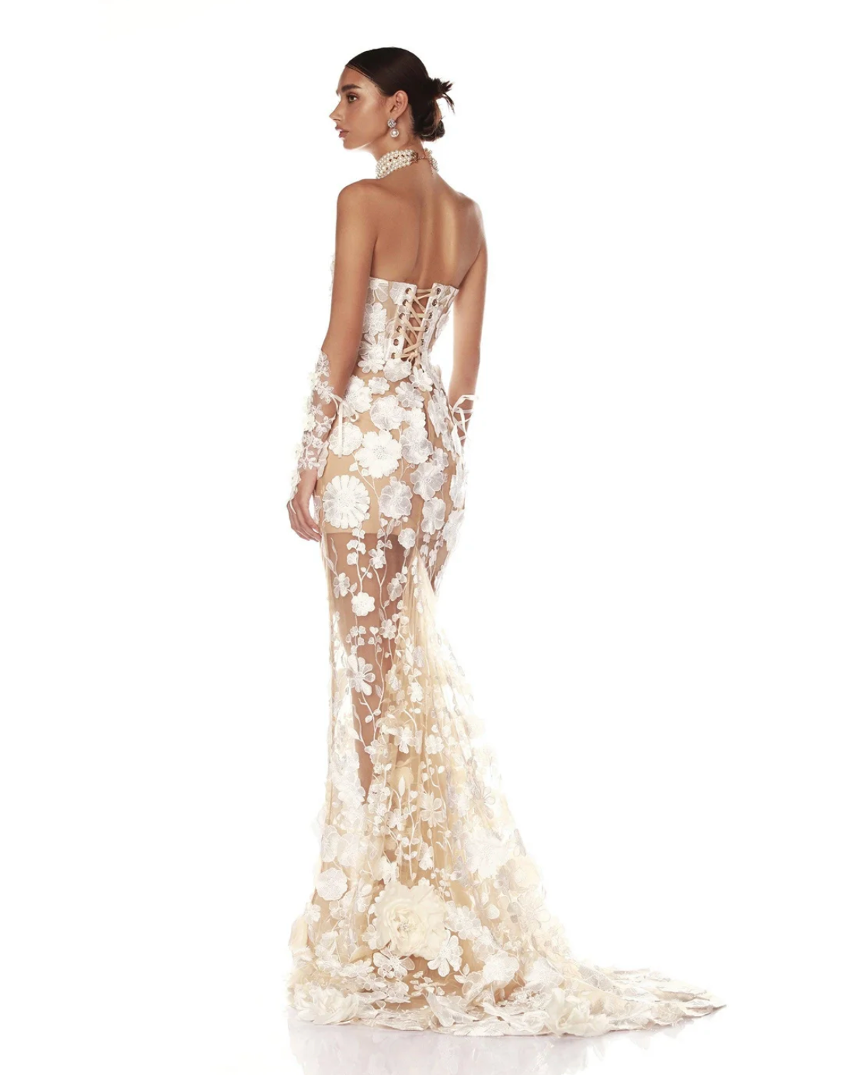 Champagne Lace Embroidered Mermaid Gown | Strapless Bridal Dress