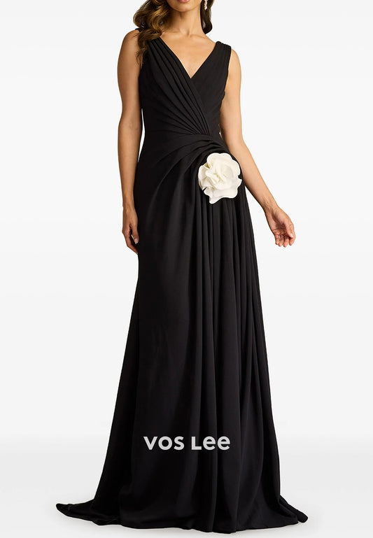 A-Line V Neck Floral Embossed Pleated Mother of Bride Dresses with Sweep Train
