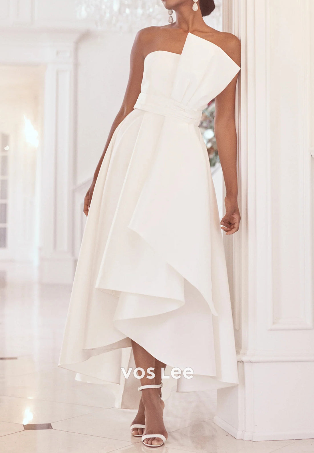 Couture & Ornate  A-Line High Low Strapless Bowknot Pleated Wedding Dresses