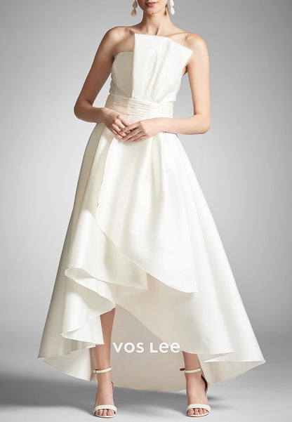 Couture & Ornate  A-Line High Low Strapless Bowknot Pleated Wedding Dresses