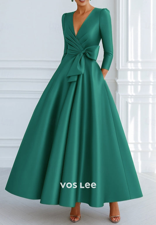 A-Line V Neck 3/4 Sleeve Bowknot Ankle-Length Evening Dresses