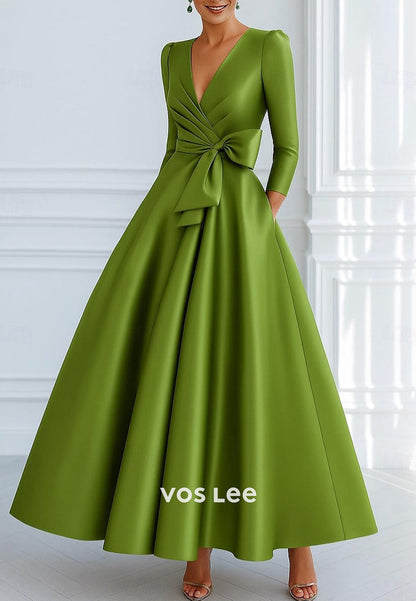A-Line V Neck 3/4 Sleeve Bowknot Ankle-Length Evening Dresses