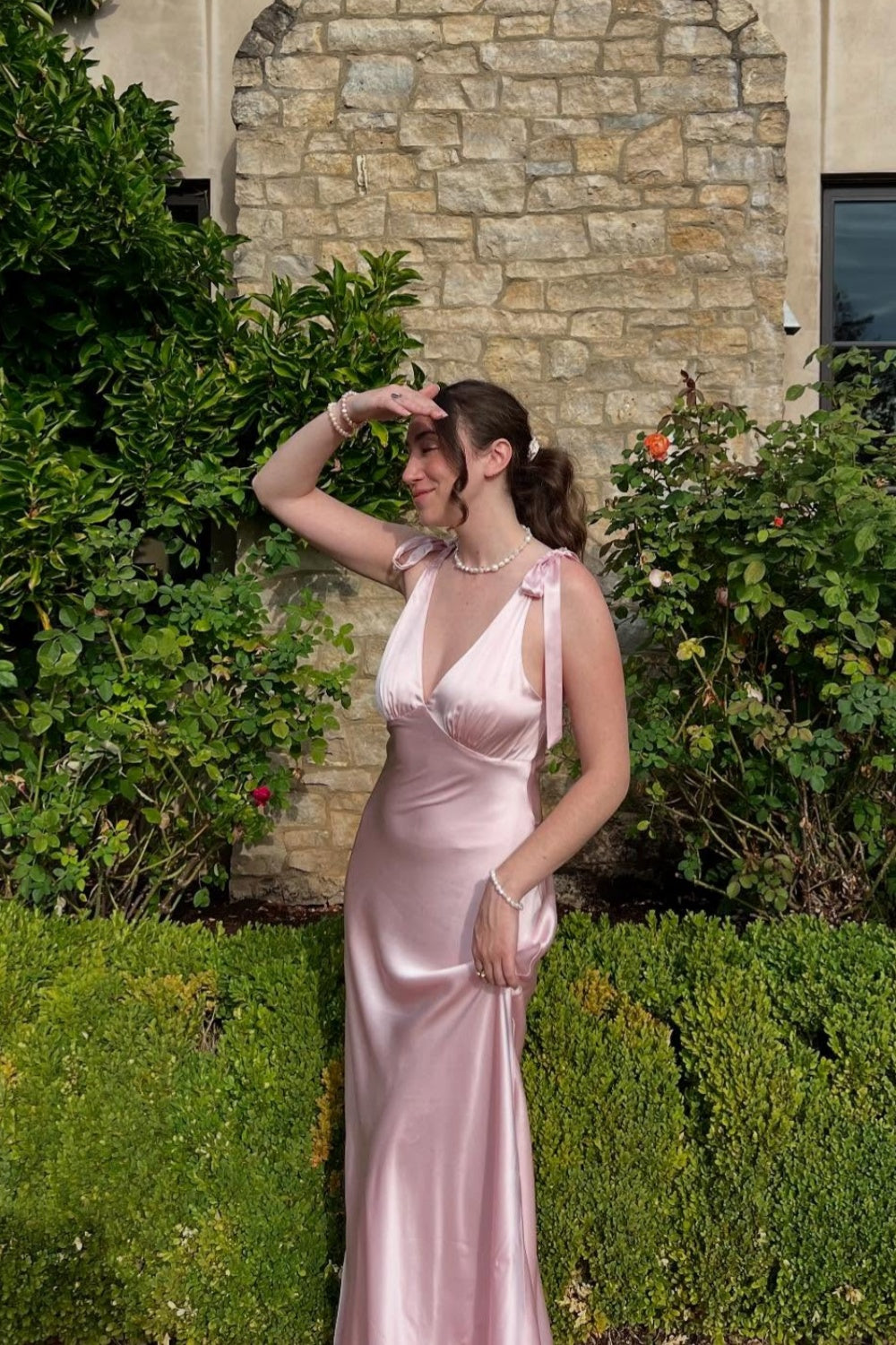 Tie Straps Baby Pink Ruched Bust Long Dress