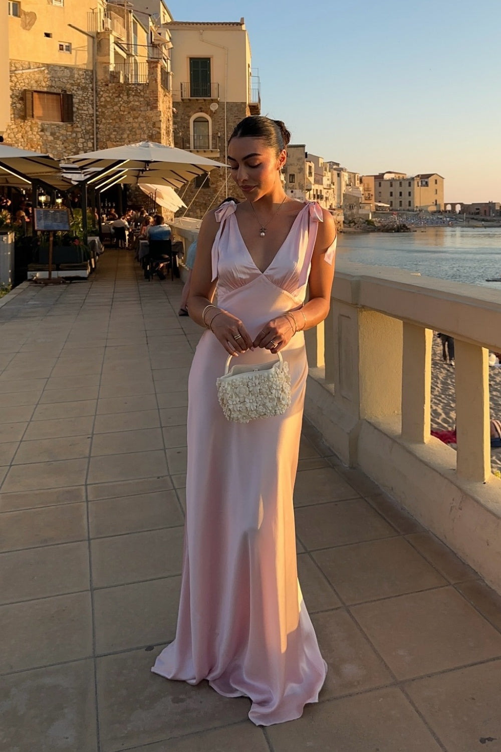 Tie Straps Baby Pink Ruched Bust Long Dress