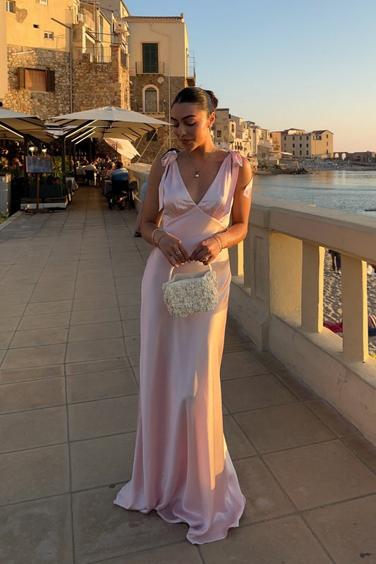 Tie Straps Baby Pink Ruched Bust Long Dress