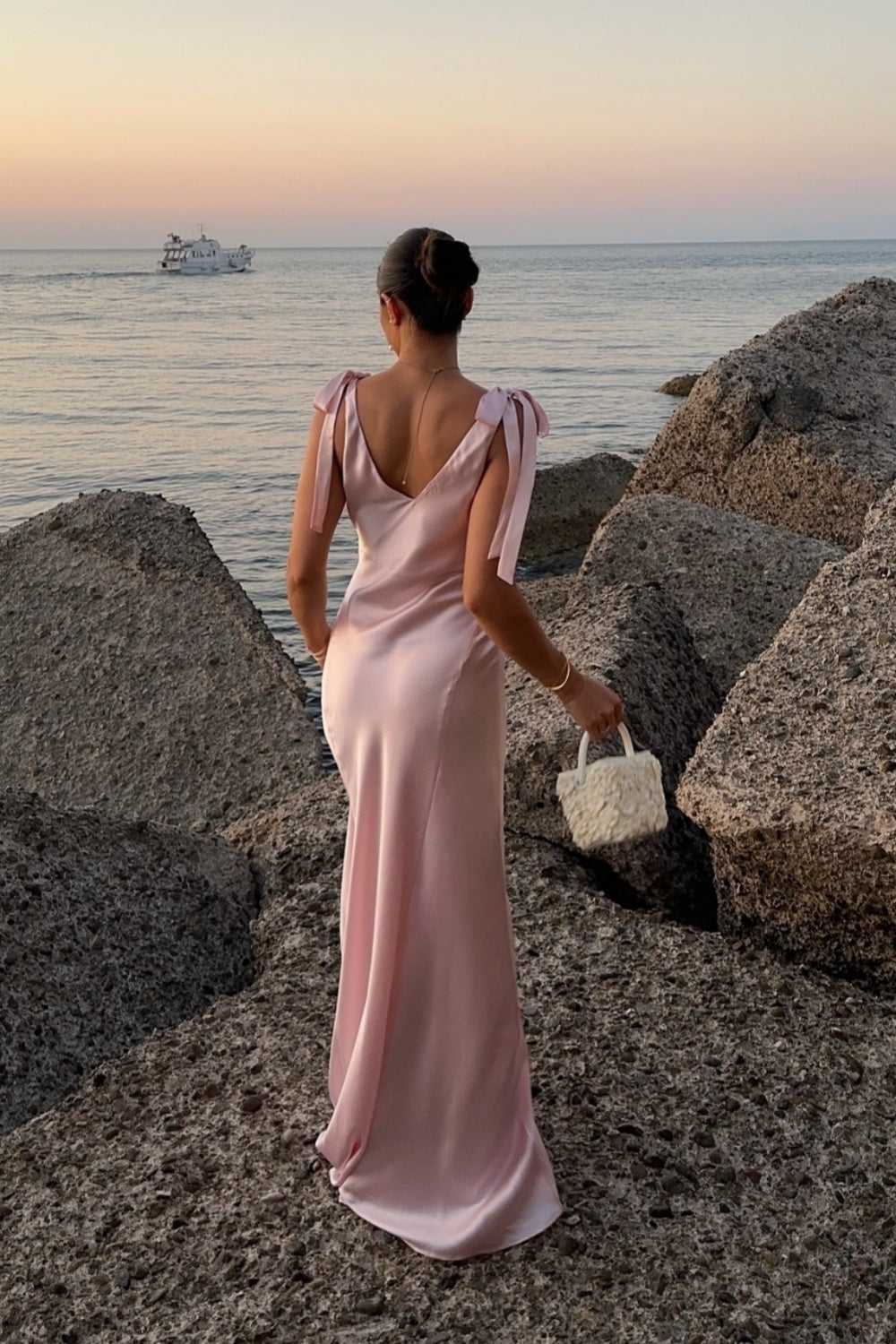 Tie Straps Baby Pink Ruched Bust Long Dress