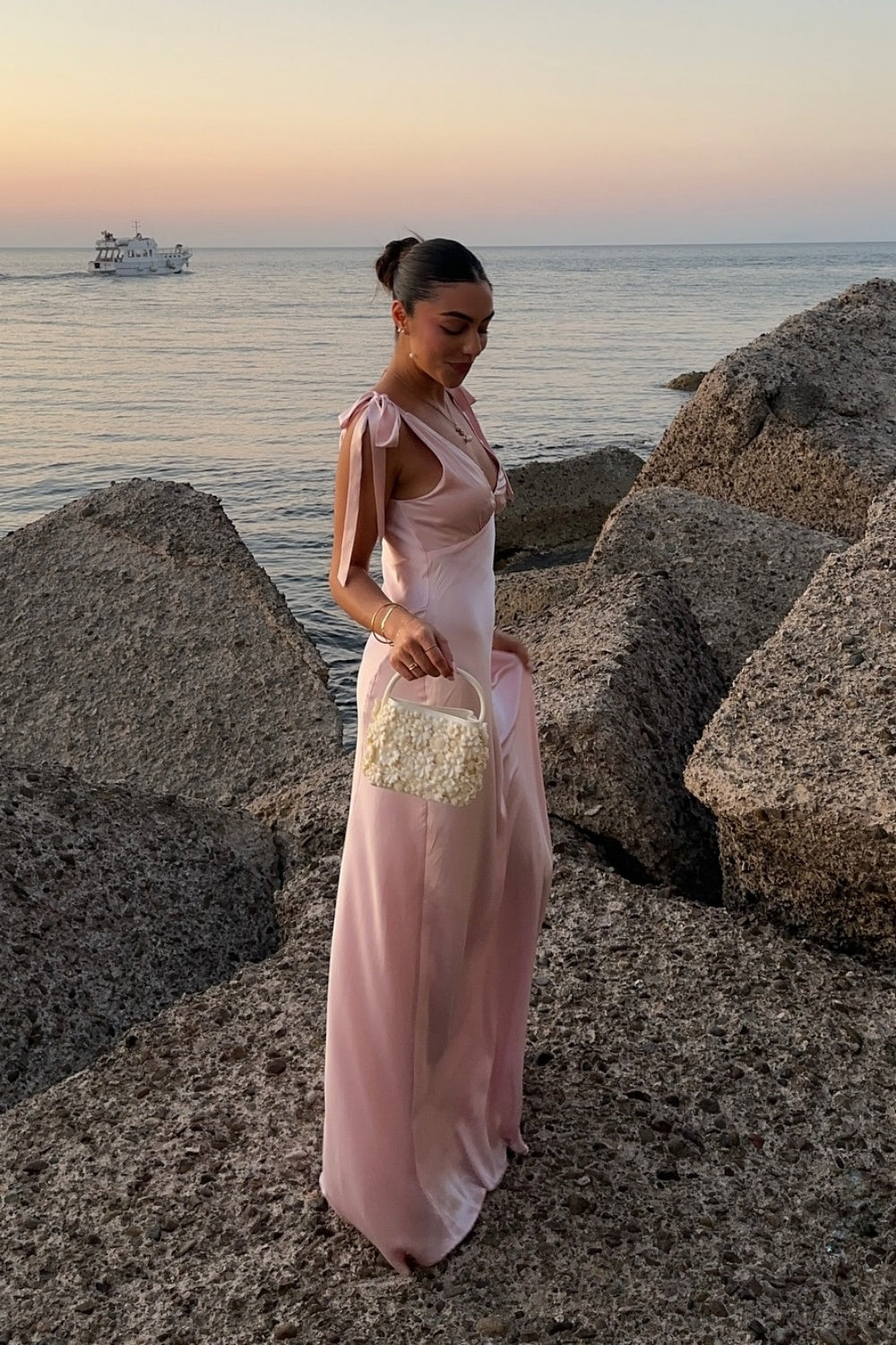 Tie Straps Baby Pink Ruched Bust Long Dress