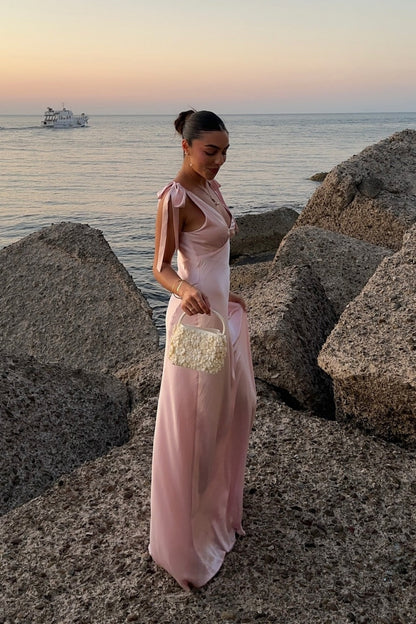 Tie Straps Baby Pink Ruched Bust Long Dress