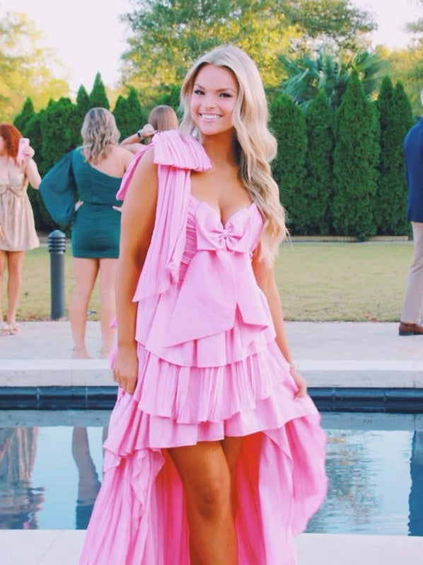 Touching A Line Spaghetti Straps Pink High Low Homecoming Dress with Bowknot