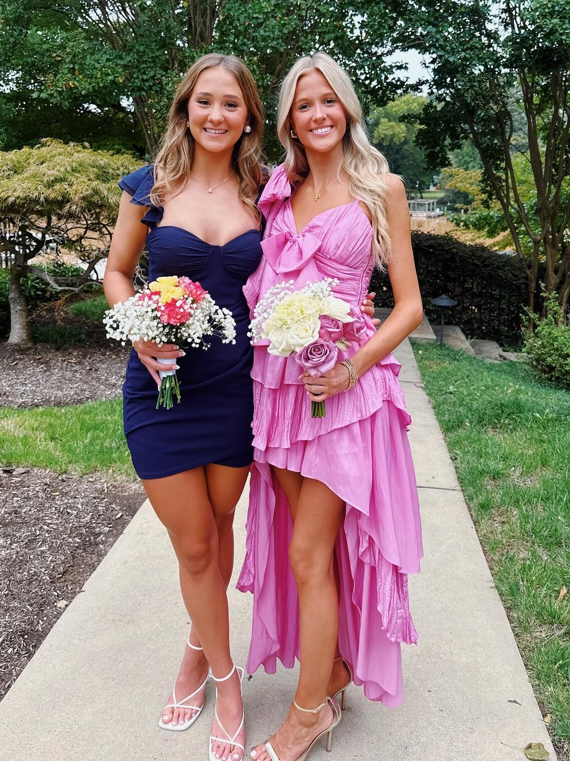 Touching A Line Spaghetti Straps Pink High Low Homecoming Dress with Bowknot