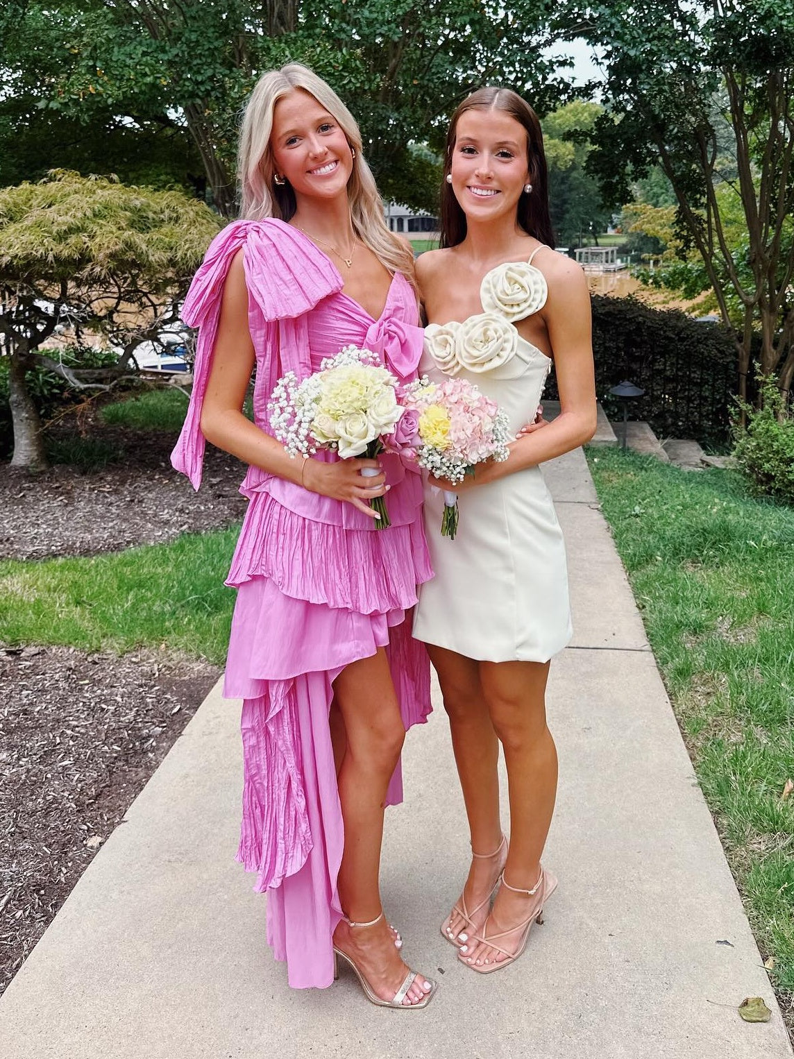 Touching A Line Spaghetti Straps Pink High Low Homecoming Dress with Bowknot