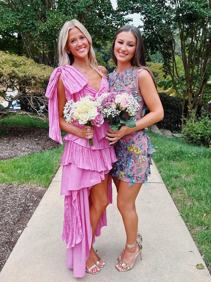 Touching A Line Spaghetti Straps Pink High Low Homecoming Dress with Bowknot