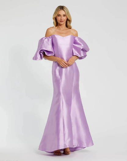Lavender Off-Shoulder Mermaid Gown with Puff Sleeves | Formal Dress