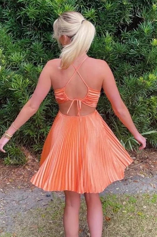 Trendy A Line Spaghetti Straps Orange Short Homecoming Dress with Open Back