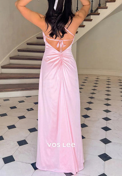 Sexy and Sleek Pink A-Line Spaghetti Straps Floor-Length Long Prom Dresses