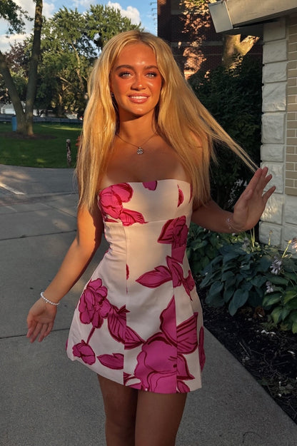 Trendy A Line Strapless Pink Printed Short Homecoming Dress