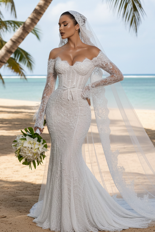 Royal Lace Cathedral Train Wedding Gown – Modern Princess Bridal Look