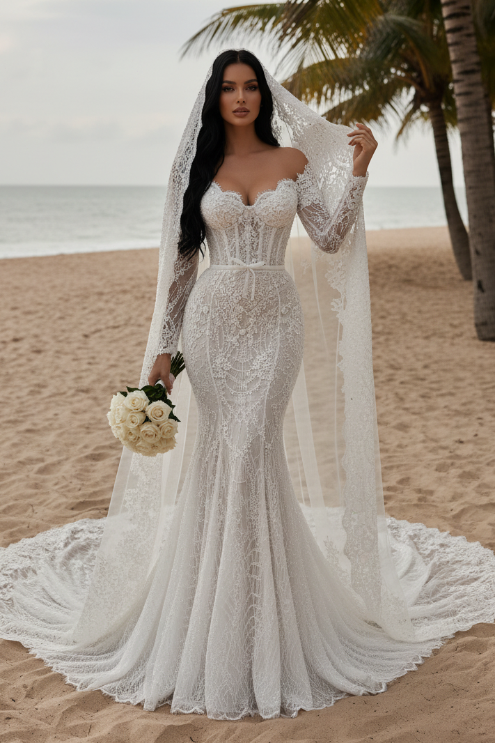 Royal Lace Cathedral Train Wedding Gown – Modern Princess Bridal Look
