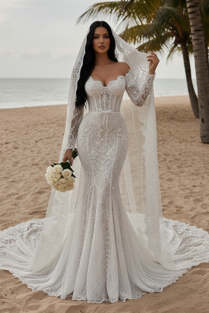Royal Lace Cathedral Train Wedding Gown – Modern Princess Bridal Look