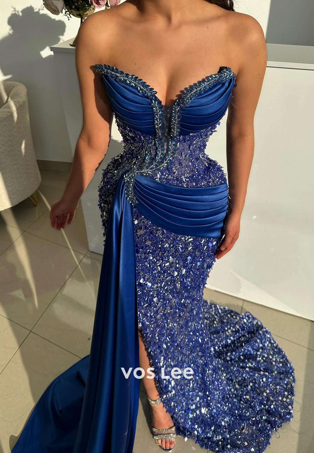 Glamorous & Dramatic Sweetheart Pleated Mermaid Prom Dresses with High Split