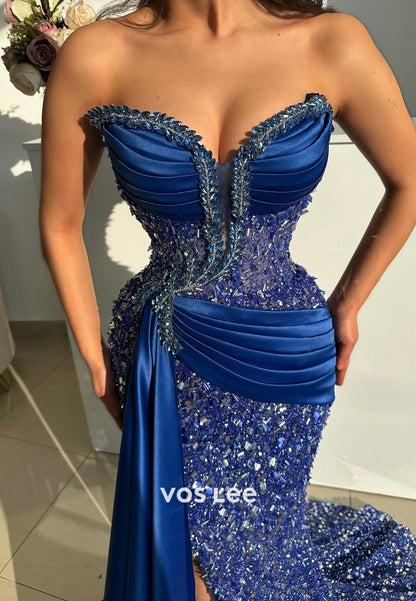 Glamorous & Dramatic Sweetheart Pleated Mermaid Prom Dresses with High Split