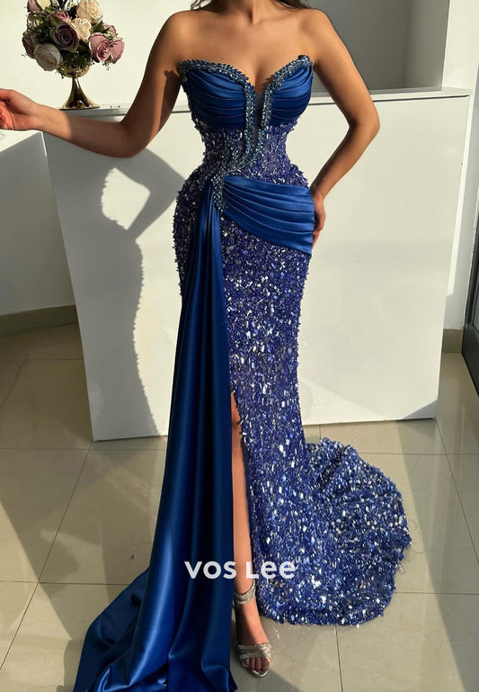 Glamorous & Dramatic Sweetheart Pleated Mermaid Prom Dresses with High Split