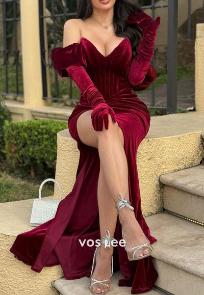 Elegant & Luxurious V-Neck Pleated  Split Prom Dresses with Long gloves