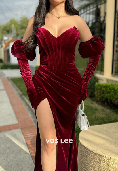 Elegant & Luxurious V-Neck Pleated  Split Prom Dresses with Long gloves