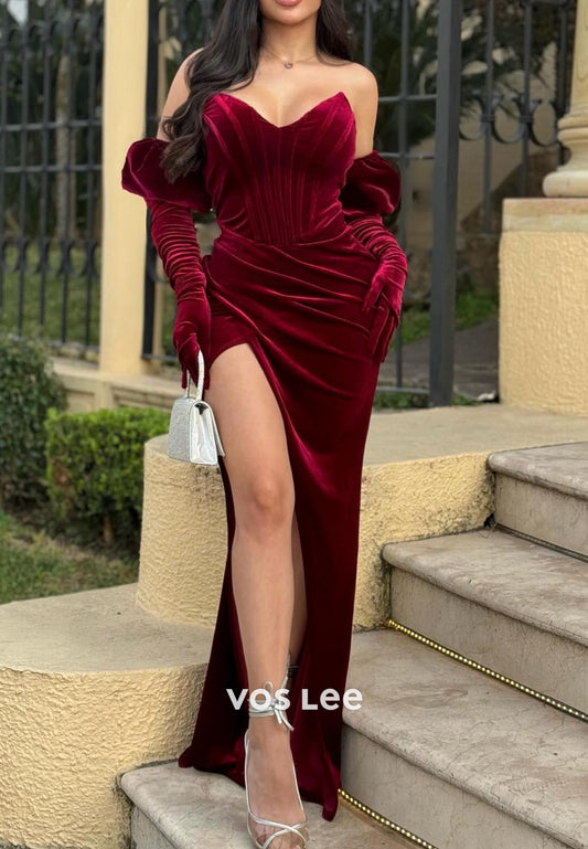 Elegant & Luxurious V-Neck Pleated  Split Prom Dresses with Long gloves