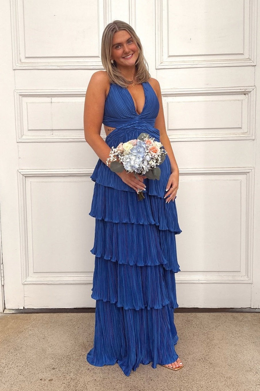 V-neck Blue Pleated Tiered Long Dress with Slit