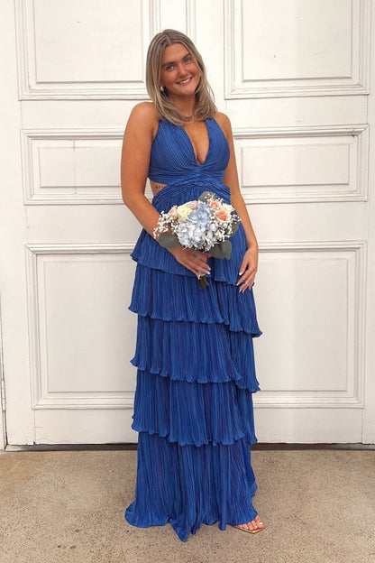 V-neck Blue Pleated Tiered Long Dress with Slit