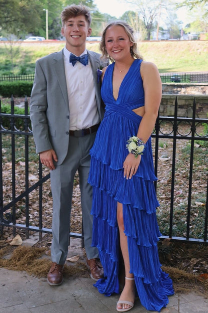 V-neck Blue Pleated Tiered Long Dress with Slit
