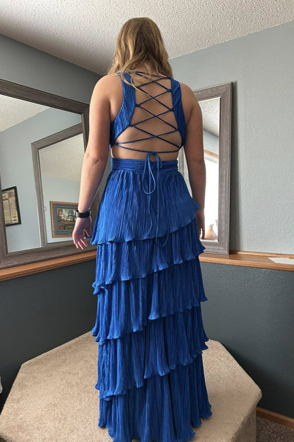 V-neck Blue Pleated Tiered Long Dress with Slit