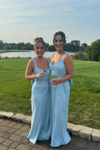 V-neck Ice Blue Back Bow Sheath Bridesmaid Dress