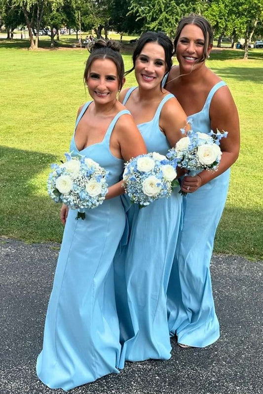 V-neck Ice Blue Back Bow Sheath Bridesmaid Dress