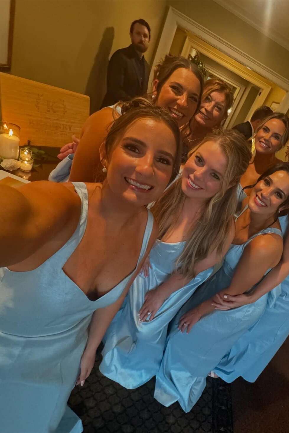 V-neck Ice Blue Back Bow Sheath Bridesmaid Dress