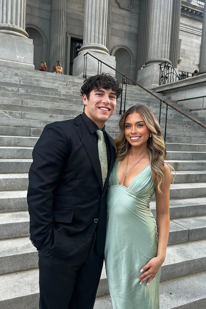 V-neck Light Sage Pleated Bust Mermaid Long Dress